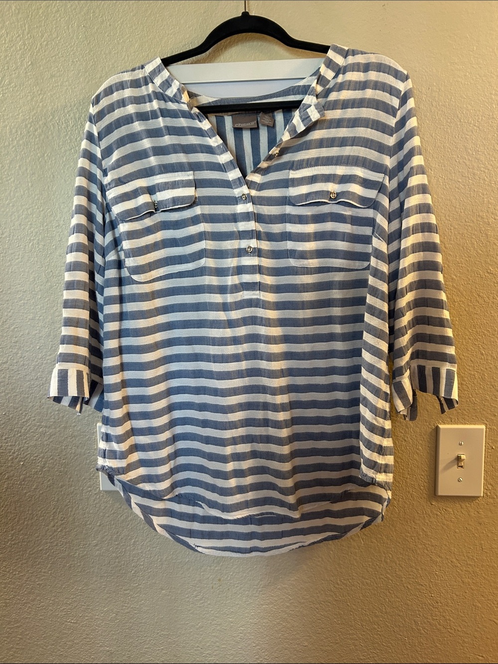 Chico's Blue and White Striped 3/4  Button-Front Blouse